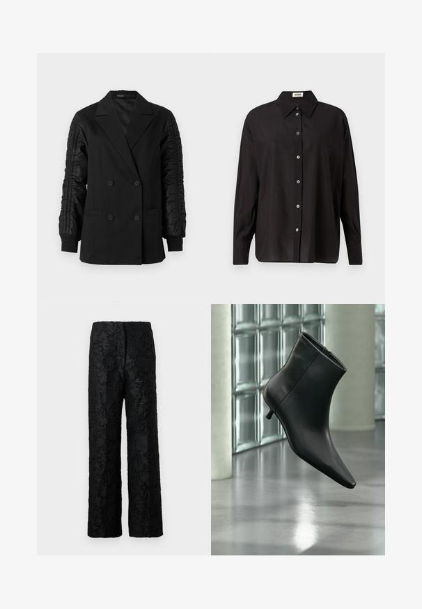 Blazer noir à double boutonnage avec des manches en satin froncé et des poignets boutonnés, doté de revers crantés et de poches plaquées à l'avant.; Chemise noire à boutons avec un col classique, des manches longues et une coupe décontractée. Présente des boutons brillants sur le devant. Tissu lisse et léger.; Pantalon noir avec un motif floral texturé, fabriqué dans un matériau doux, présentant une coupe ample à jambes larges et une taille haute.; Bottine en cuir noir à bout pointu et petit talon kitten, présentée en angle devant un sol poli et un mur en blocs de verre.