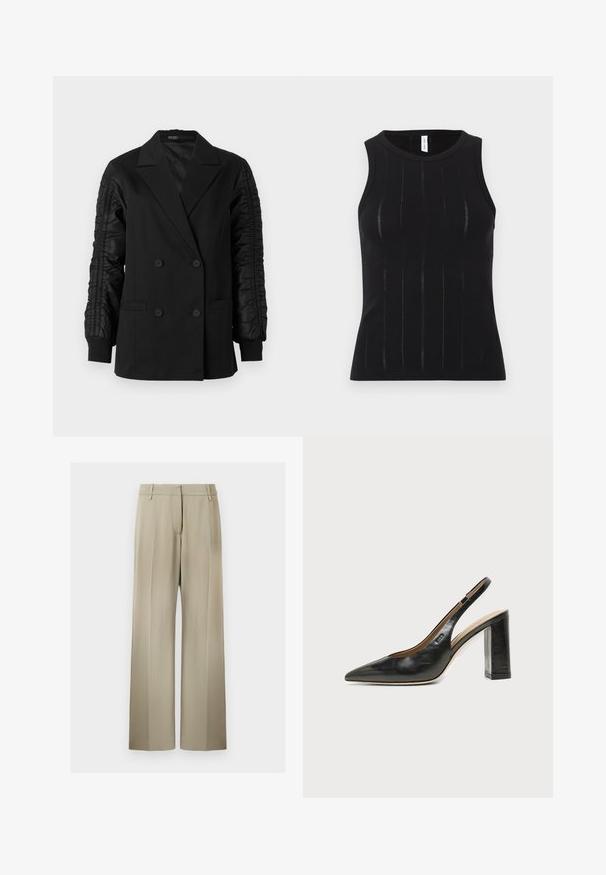 Blazer noir à double boutonnage avec des manches en satin froncé et des poignets boutonnés, doté de revers crantés et de poches plaquées à l'avant.; Haut noir sans manches avec une texture côtelée à lignes verticales et des découpes subtiles. Col arrondi et coupe ajustée.; Pantalons à jambes larges en tissu beige doux, avec un devant plat, des passants de ceinture et une texture lisse. Taille standard sans motifs visibles.; Chaussure slingback en cuir noir à bout pointu avec un talon bloc haut et une doublure intérieure beige sur un fond clair uni.
