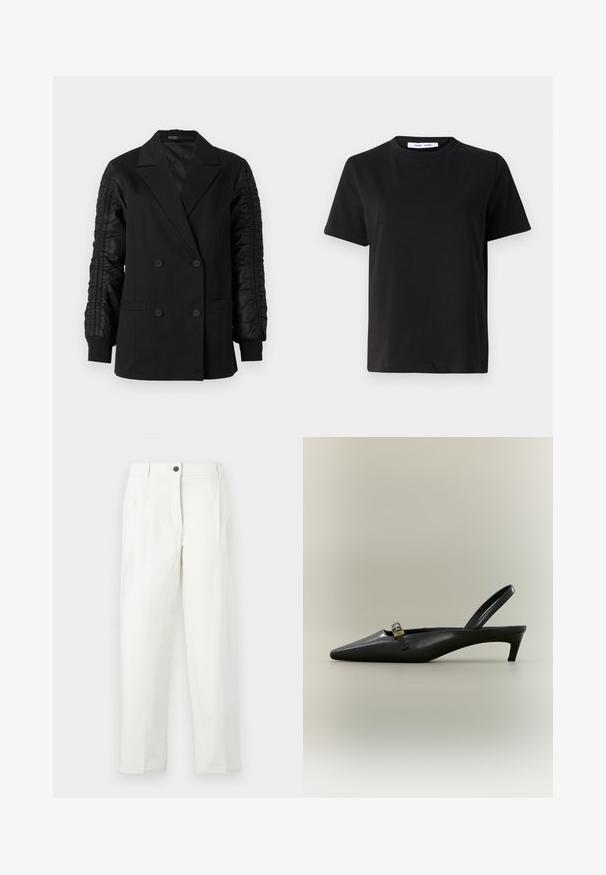 Blazer negro de doble botonadura con mangas de satén fruncidas y puños abotonados, con solapas en pico y bolsillos frontales de ojal.; Camiseta negra de manga corta hecha de algodón suave, con un cuello redondo, corte relajado y una textura lisa. Sin patrones ni gráficos visibles.; Pantalones blancos de tiro alto con un ajuste entallado, que cuentan con pliegues, cierre frontal con botones y piernas rectas. Hechos de tela lisa.; Zapato de tacón bajo tipo kitten en piel negra con talón descubierto, punta puntiaguda y hebilla pequeña color dorado sobre un fondo liso.