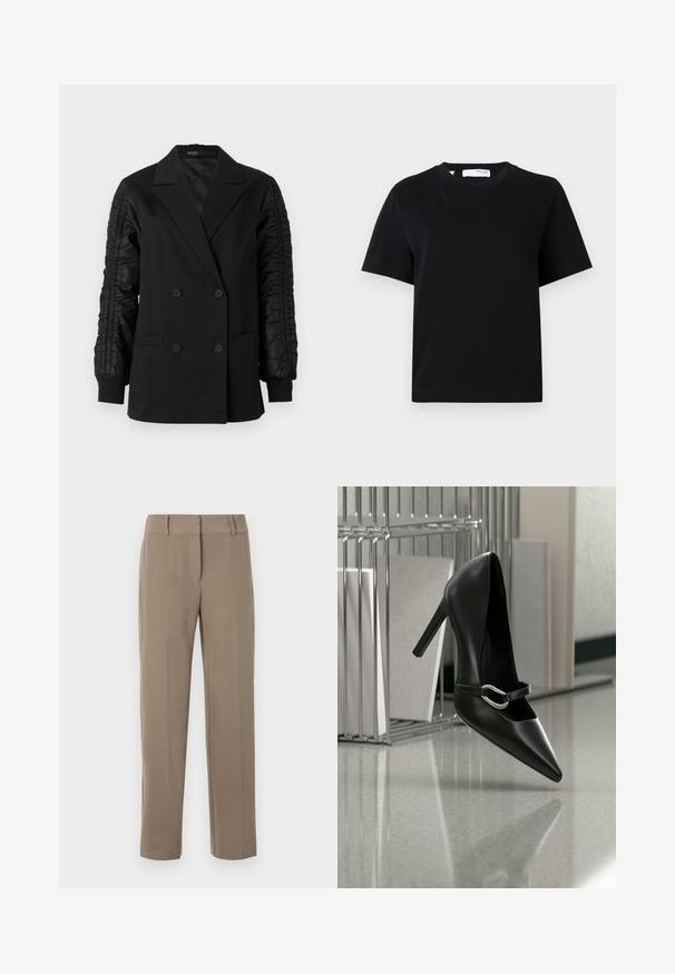 Blazer noir à double boutonnage avec des manches en satin froncé et des poignets boutonnés, doté de revers crantés et de poches plaquées à l'avant.; T-shirt noir uni à manches courtes avec col rond, coupe décontractée et petite étiquette au col.; Pantalon kaki droit avec passants de ceinture et fermeture éclair frontale sur fond blanc.; Chaussure à talon haut noire pointue avec une bride à boucle argentée, placée sur une surface réfléchissante près d’un organiseur métallique contenant des papiers.