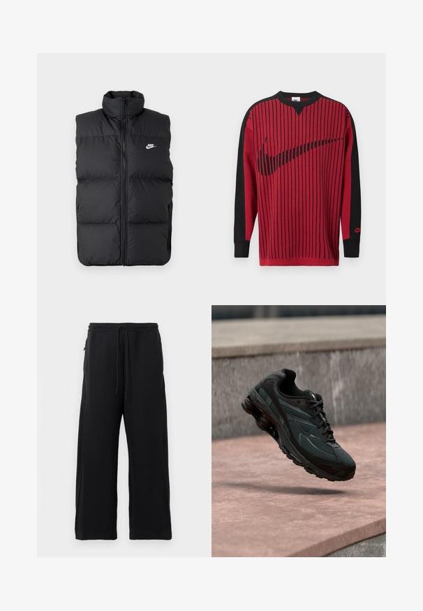 Zwarte gewatteerde mouwloze jas met hoge kraag, rits aan de voorkant, zijzakken en wit Nike-logo op de borst.; Rode gebreide sweatshirt met zwarte verticale strepen, zwarte mouwen en een zwart Nike-logo. Heeft een ronde hals en geribbelde boorden.; Zwarte joggingbroek van zacht materiaal, met een verstelbare tailleband, een wijdere broekspijpenontwerp en zijzakken met een gladde textuur.; Zwarte atletische sneaker met zichtbare luchtgeveerde tussenzool die boven een roze stenen oppervlak zweeft met een grijze stenen muur op de achtergrond.