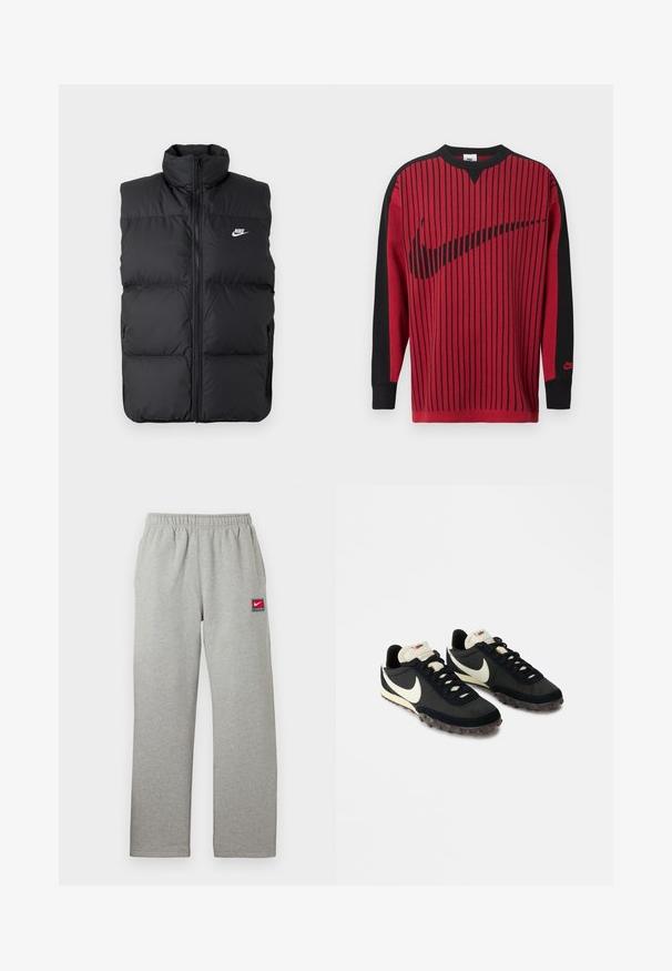 Sort polstret ærmeløs jakke med høj krave, lynlås foran, sidelommer og hvidt Nike-logo på brystet.; Rød strikket sweatshirt med sorte lodrette striber, sorte ærmer og en sort Nike-logo. Har rund hals og ribbet ærmekanter.; Grå joggingbukser med elastisk talje, lige snit og et lille rødt og hvidt Nike-logo på venstre side. Blød tekstur.; Sorte sportssko med en struktureret overdel, hvid swoosh-logo og gummisål med små stik til trækkraft. Elfenbensfarvet krave.