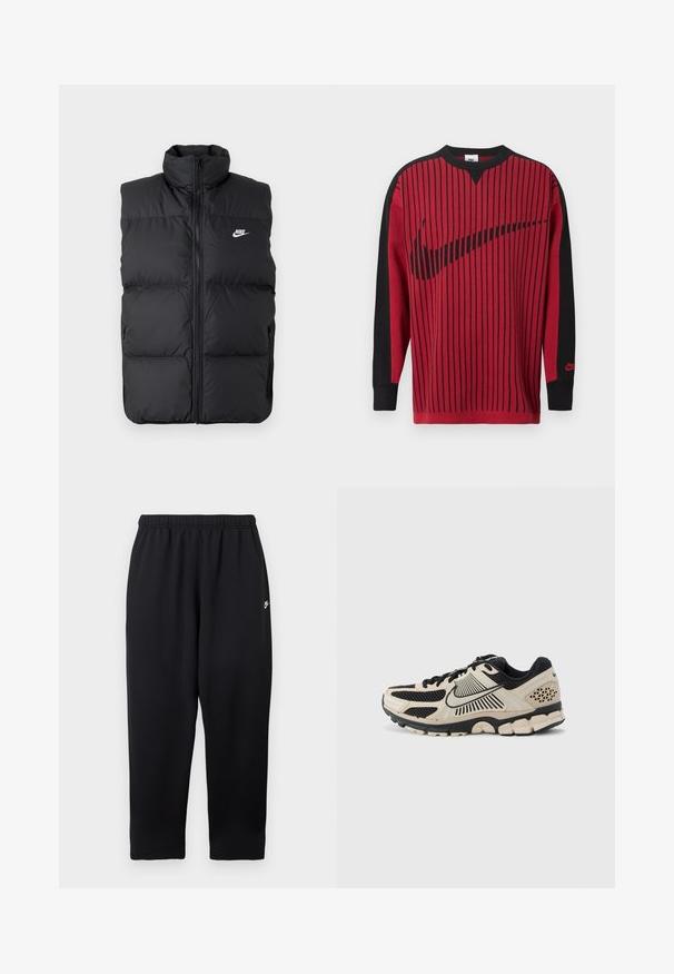 Zwarte gewatteerde mouwloze jas met hoge kraag, rits aan de voorkant, zijzakken en wit Nike-logo op de borst.; Rode gebreide sweatshirt met zwarte verticale strepen, zwarte mouwen en een zwart Nike-logo. Heeft een ronde hals en geribbelde boorden.; Zwarte sweatpants met een elastische tailleband, voorzien van een klein wit logo aan de linkerkant. Gemaakt van een zachte, lichtgewicht stof. Recht pijp model.; Nike hardloopschoen in crème en zwart. Heeft een bovenwerk van mesh, textuuraccenten, dikke rubberen buitenzool en opvallend middenzoolontwerp.