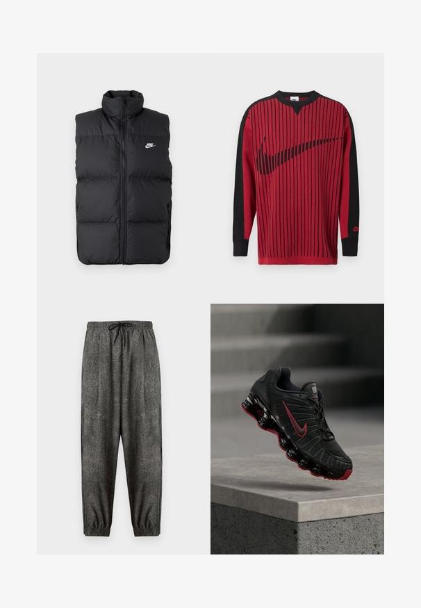 Zwarte gewatteerde mouwloze jas met hoge kraag, rits aan de voorkant, zijzakken en wit Nike-logo op de borst.; Rode gebreide sweatshirt met zwarte verticale strepen, zwarte mouwen en een zwart Nike-logo. Heeft een ronde hals en geribbelde boorden.; Donkergrijze gestructureerde joggingbroek met elastische tailleband en zwart trekkoord, elastische boorden en een relaxte pasvorm.; Zwarte en rode Nike sportschoen met zichtbare veerachtige zool, balancerend op de rand van een betonnen trede.