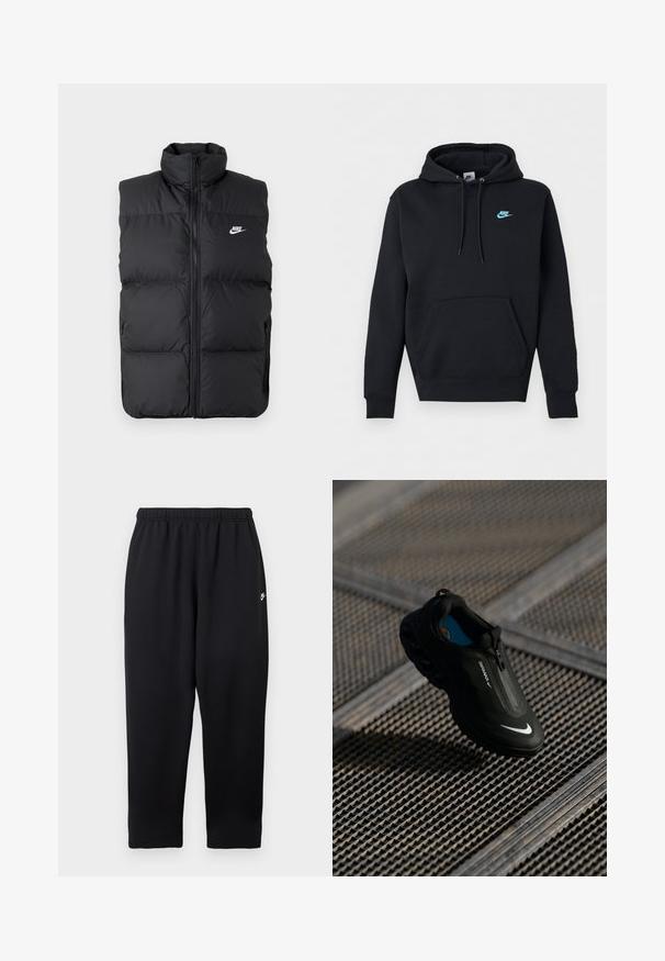 Schwarze gepolsterte ärmellose Jacke mit hohem Kragen, Vorderreißverschluss, Seitentaschen und weißem Nike-Logo auf der Brust.; Schwarzer Nike Hoodie mit vorderer Kängurutasche, Kordelzugkapuze und kleinem blauem Nike-Logo auf der linken Brust.; Schwarze Jogginghose mit elastischem Bund, versehen mit einem kleinen weißen Logo auf der linken Seite. Hergestellt aus weichem, leichtem Stoff. Gerade geschnittener Beinverlauf.; Schwarzer Nike Air Max Schuh mit einem eleganten Design, Reißverschluss, strukturiertem Obermaterial und auffälligem weißem Logo an der Seite, vor einem Gitterhintergrund.