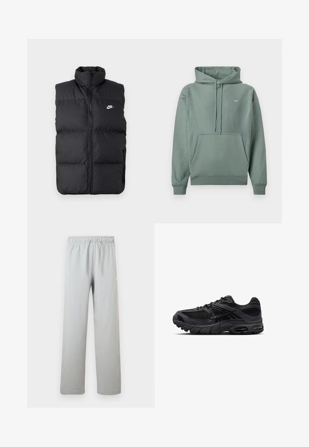 Zwarte gewatteerde mouwloze jas met hoge kraag, rits aan de voorkant, zijzakken en wit Nike-logo op de borst.; Groene hoodie van een katoenmix, met een voorzak, verstelbare capuchon en een klein wit logo op de borst. Zachte textuur, casual ontwerp.; Lichtgrijze casual broek met elastische tailleband en trekkoord, rechte pijp, geschikt voor dagelijks gebruik.; Zwarte en donkergrijze Nike hardloopschoen met meshstof, suède overlays, een gedempte zool en zichtbare luchtunits in de hiel en voorvoet.
