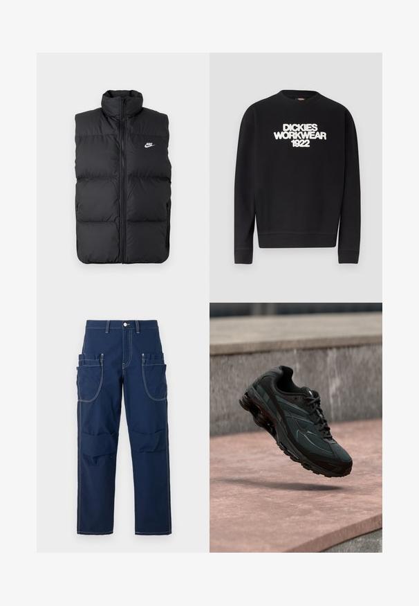 Sort polstret ærmeløs jakke med høj krave, lynlås foran, sidelommer og hvidt Nike-logo på brystet.; Sort crewneck-sweatshirt med hvidt, tekstureret tekst "DICKIES WORKWEAR 1922" på brystet, ribstrikkede manchetter og kant.; Mørkeblå cargo-bukser med flere lommer, kontrastsyede detaljer, lige ben-design og en frontknaplukning.; Sort atletisk sneaker med synligt luftdæmpende mellemsål, der svæver over en pink stenoverflade med en grå stenvæg i baggrunden.