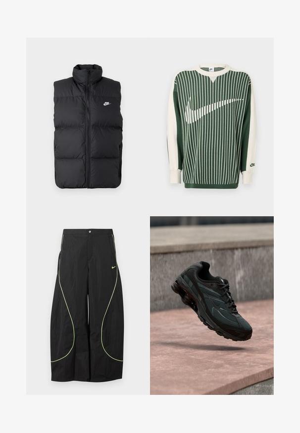 Sort polstret ærmeløs jakke med høj krave, lynlås foran, sidelommer og hvidt Nike-logo på brystet.; Grøn og kremfarvet strikket sweater med lodrette striber, med en stor hvid Nike-logo, ribstrikkede manchetter og rund halsudskæring.; Sorte Nike bukser med brede ben, med neon-grøn buet piping og lille Nike swoosh-logo på højre lår, knap- og lynlåslukning i taljen.; Sort atletisk sneaker med synligt luftdæmpende mellemsål, der svæver over en pink stenoverflade med en grå stenvæg i baggrunden.