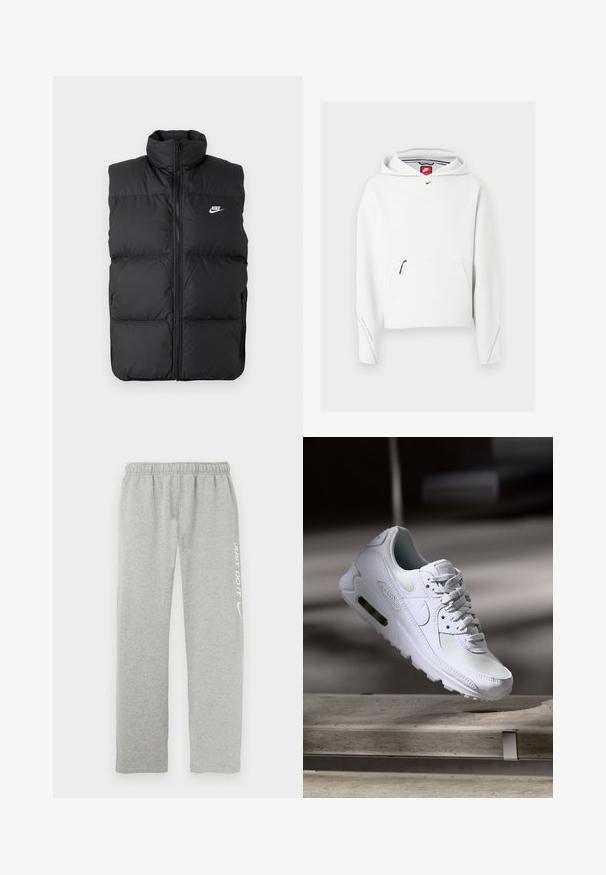 Must mängitud, lamedate käisteta musta padi jakk kõrge kraega, esine lukuga, küljetaskudega ja rinnal valge Nike logo.; Valge Nike kapuutsiga pusa esitäis taskuga, must väike Nike logo rinnal ja kapuuts, esitatud helel taustal.; Hallid dressipüksid, mis on valmistatud pehmest materjalist, elastse vöökohaga. Ühel jalal on valge "JUST DO IT" tekst ja Nike lööklause logo.; Valged Nike Air Max 90 sneakers, millel on võrkkangast ja nahast ülemine osa, aukudega varbadosa ning nähtav õhuüksus kandades.