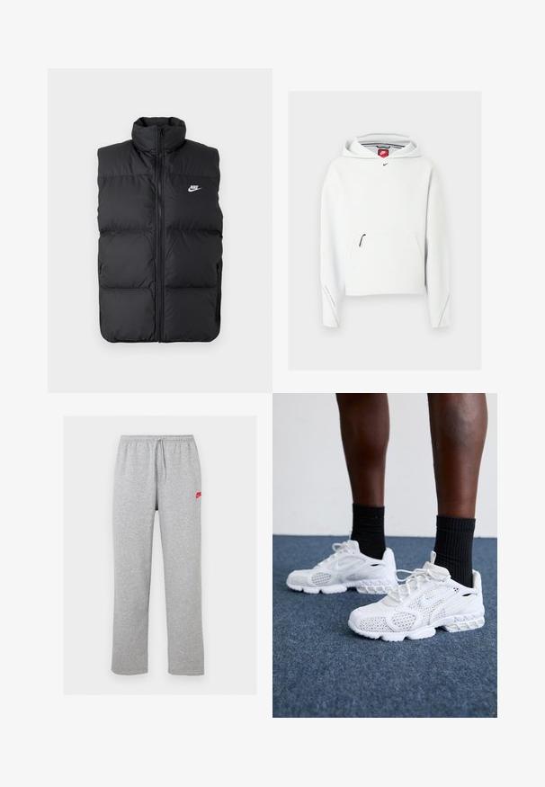 Zwarte gewatteerde mouwloze jas met hoge kraag, rits aan de voorkant, zijzakken en wit Nike-logo op de borst.; Witte Nike hoodie met voorzak met rits, klein zwart Nike-logo op de borst en een capuchon, getoond op een effen lichte achtergrond.; Lichtgrijze sweatpants met elastische tailleband en trekkoord, met klein rood Nike-logo op de bovenste linkerdij.; Witte sportieve schoenen met een bovenkant van mesh, gemêleerde accenten en een gevoerde zool. Samengesteld met zwarte geribde enkelsokken op een blauwe tapijtvloer.