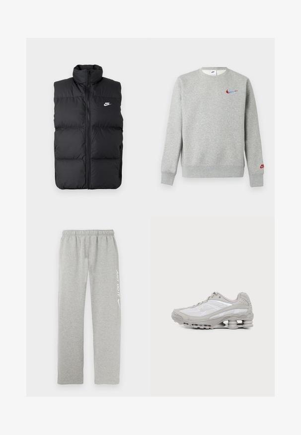 Sort polstret ærmeløs jakke med høj krave, lynlås foran, sidelommer og hvidt Nike-logo på brystet.; Lysegrå crewneck sweatshirt med små røde og blå Nike-logoer på brystet og venstre ærme, med ribbet manchetter og kant.; Grå joggingbukser lavet af blødt materiale med elastisk taljebånd. Har en hvid "JUST DO IT" tekst og Nike swoosh-logo på det ene ben.; Grå og hvid atletiksko med synlig luftpolstret sål og mesh-paneler, vist i profil på en ensartet lys baggrund.