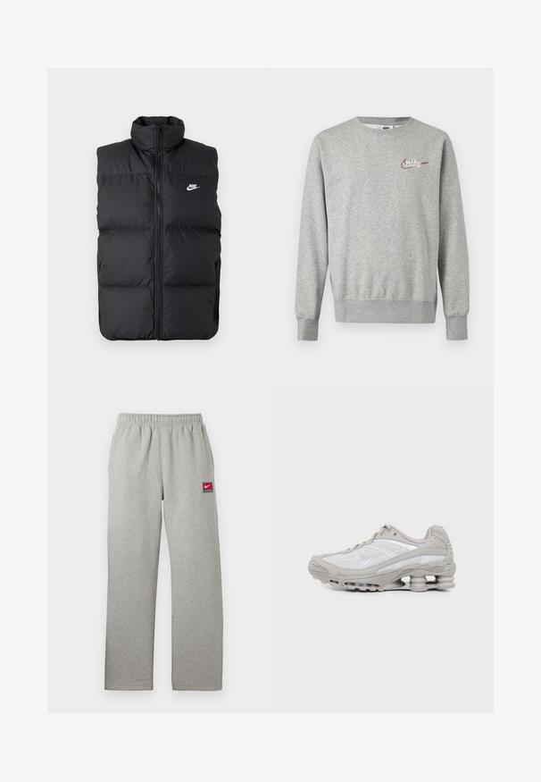Čierna vypchatá bezrukávová bunda s vysokým golierom, predným zipsom, bočnými vreckami a bielym logom Nike na hrudi.; Svetlosivá mikina s okrúhlym výstrihom, dlhými rukávmi a malým červeno-bielym logom Nike na ľavej strane hrudníka.; Sivé teplákové nohavice s elastickým pásom, rovný strih a malá červeno-biela nášivka s logom Nike na ľavej strane. Mäkká textúra.; Šedá a biela športová teniska s viditeľnou podrážkou s vzduchovou vložkou a sieťovinovými panelmi, zobrazená v profile na jednoduchom svetlom pozadí.