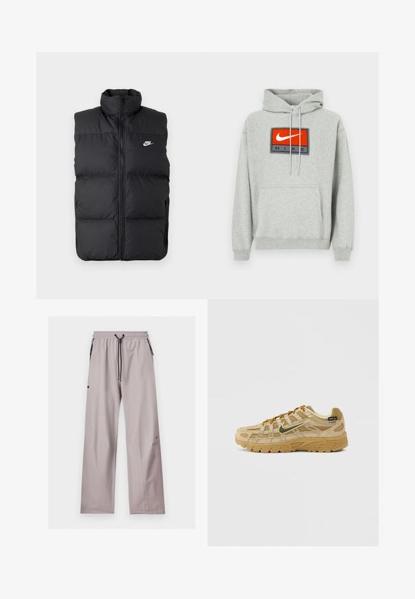 Schwarze gepolsterte ärmellose Jacke mit hohem Kragen, Vorderreißverschluss, Seitentaschen und weißem Nike-Logo auf der Brust.; Grauer Kapuzenpullover mit Kängurutasche, vorne mit einem auffälligen gestickten roten und schwarzen Nike-Logo sowie verstellbaren Kordeln.; Hellgraue locker sitzende Hose mit elastischem Bund, schwarzer verstellbarer Kordel und seitlichen Taschen mit schwarzen Reißverschlussdetails.; Beiger Sportschuh aus strukturiertem Wildleder und Mesh-Einsätzen, mit kontrastierenden braunen Schnürsenkeln und einer robusten Gummisohle. Er weist ein auffälliges Logo auf.