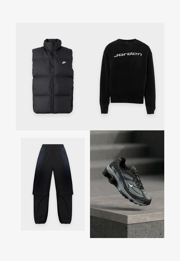 Zwarte gewatteerde mouwloze jas met hoge kraag, rits aan de voorkant, zijzakken en wit Nike-logo op de borst.; Zwart pluizige trui met ronde hals en geribbelde manchetten. Heeft een grijs "Jordan"-logo aan de voorkant. Zachte textuur en ontspannen pasvorm.; Zwarte en donkerblauwe cargobroek met elastische tailleband en boorden, voorzien van ritssluitingen aan de zijkanten en gelaagde stofpanelen op de dijen.; Grijze en zwarte sportieve sneaker met meshpanelen en dikke zool, zwevend in de lucht boven een betonnen richel met trappen op de achtergrond.