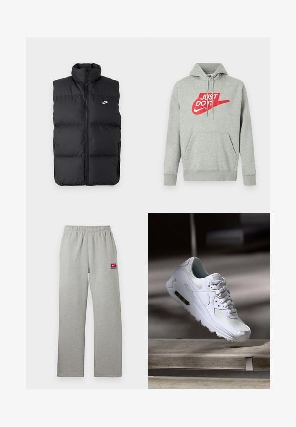 Chaleco sin mangas acolchado negro con cuello alto, cierre frontal, bolsillos laterales y logo de Nike en blanco en el pecho.; Sudadera con capucha de algodón gris claro con un bolsillo frontal, que presenta un gran logo rojo "JUST DO IT" y el gráfico del Swoosh de Nike en el pecho.; Pantalones deportivos grises con cintura elástica, corte recto y un pequeño parche con el logo de Nike en rojo y blanco en el lado izquierdo. Textura suave.; Zapatilla Nike Air Max 90 blanca con parte superior de malla y cuero, caja de puntera perforada y unidad de aire visible en el talón.