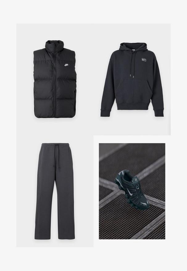 Chaleco sin mangas acolchado negro con cuello alto, cierre frontal, bolsillos laterales y logo de Nike en blanco en el pecho.; Sudadera negra de Nike con bolsillo frontal tipo canguro, capucha con cordón y pequeño logo blanco en el pecho izquierdo sobre un fondo neutro.; Pantalones deportivos grises con cintura de cordón, hechos de tela suave. Diseño de pierna ancha con costuras laterales, acentos mínimos y sin patrones visibles.; Zapatilla Nike Shox de color verde oscuro con parte superior de malla, acentos de goma y suela acolchada distintiva. Logo de Nike en plata en el lateral. Detalles texturizados visibles.