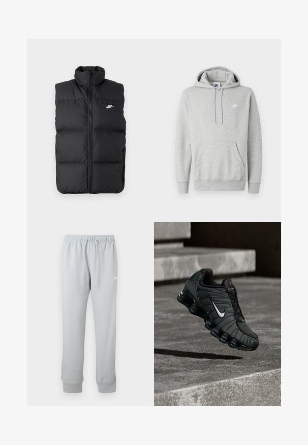 Chaleco sin mangas acolchado negro con cuello alto, cierre frontal, bolsillos laterales y logo de Nike en blanco en el pecho.; Sudadera con capucha de color gris claro hecha de tela suave, con un bolsillo tipo canguro, capucha con cordón y un pequeño logo blanco en el pecho.; Pantalones deportivos Nike de color gris claro con cintura elástica, cordón, tobillos con puños y pequeño logo blanco en la parte superior del muslo izquierdo.; Zapatilla deportiva Nike en verde oscuro, con un upper sintético suave, textura de malla, cordones negros y una suela brillante con amortiguación de aire.