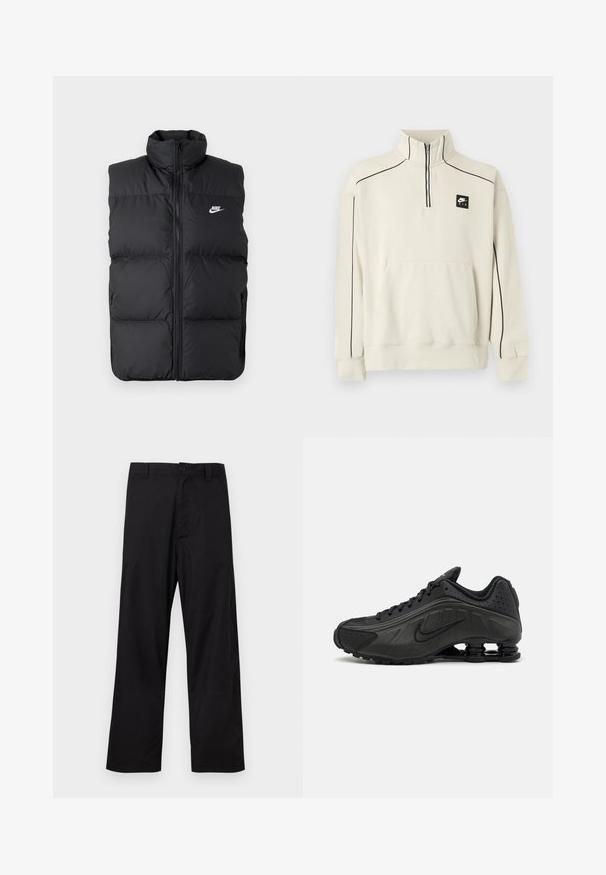 Sort polstret ærmeløs jakke med høj krave, lynlås foran, sidelommer og hvidt Nike-logo på brystet.; Lysebeige sweatshirt med halv lynlås krave, sort kontrastsyning og en frontlomme, med en sort Nike Air-logo på brystet.; Sorte bukser med lige ben, knap- og lynlåslukning, bæltestropper, lagt fladt på en lys baggrund.; Sorte løbesko med en glat syntetisk overdel, perforerede detaljer, teksturerede sidedele og en distinkt fjedrende sål.