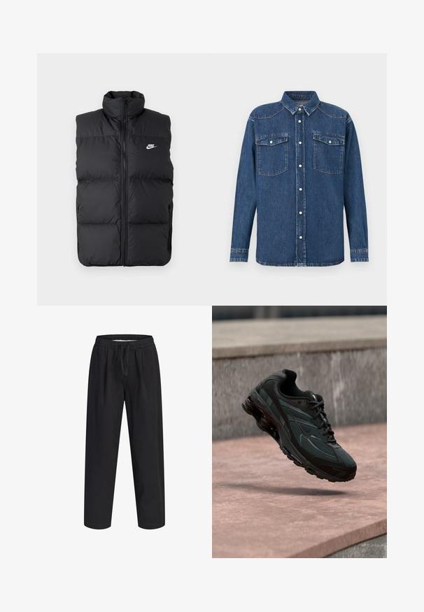 Zwarte gewatteerde mouwloze jas met hoge kraag, rits aan de voorkant, zijzakken en wit Nike-logo op de borst.; Donkerblauw denim overhemd met een knoopsluiting aan de voorkant, een puntige kraag, twee borstzakken en lange mouwen met knoopmanchetten.; Zwarte losse broek met elastische tailleband en trekkoord, rechte pijpen, geen zichtbare zakken, afgebeeld tegen een witte achtergrond.; Zwarte atletische sneaker met zichtbare luchtgeveerde tussenzool die boven een roze stenen oppervlak zweeft met een grijze stenen muur op de achtergrond.