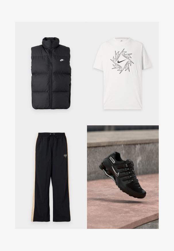 Zwarte gewatteerde mouwloze jas met hoge kraag, rits aan de voorkant, zijzakken en wit Nike-logo op de borst.; Wit Nike T-shirt met korte mouwen met een zwart abstract cirkelontwerp en centraal Nike swoosh-logo aan de voorkant.; Zwarte Nike trainingsbroek met beige zijstrepen, elastische tailleband, trekkoord en klein wit logo op het bovenste gedeelte van het linkerbeen.; Zwarte Nike Shox hardloopschoen met wit swoosh-logo, zwevend boven een roze betonoppervlak tegen een grijze stenen muur als achtergrond.