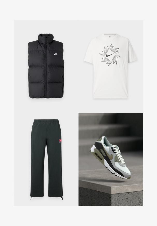 Čierna vypchatá bezrukávová bunda s vysokým golierom, predným zipsom, bočnými vreckami a bielym logom Nike na hrudi.; Biele tričko s krátkym rukávom Nike s čiernym abstraktným kruhovým dizajnom a centrálnym logom Nike swoosh na prednej strane.; Tmavozelené nohavice Nike s elastickým pásom, rovnými nohavicami, malou červeno-bielou nášivkou s logom Nike na stehne a nastaviteľnými sťahovacími šnúrkami na manžetách.; Teniska Nike Air Max v bielej, čiernej a olivovo zelenej farbe leží na betónovom okraji s rozmazanými schodmi v pozadí.