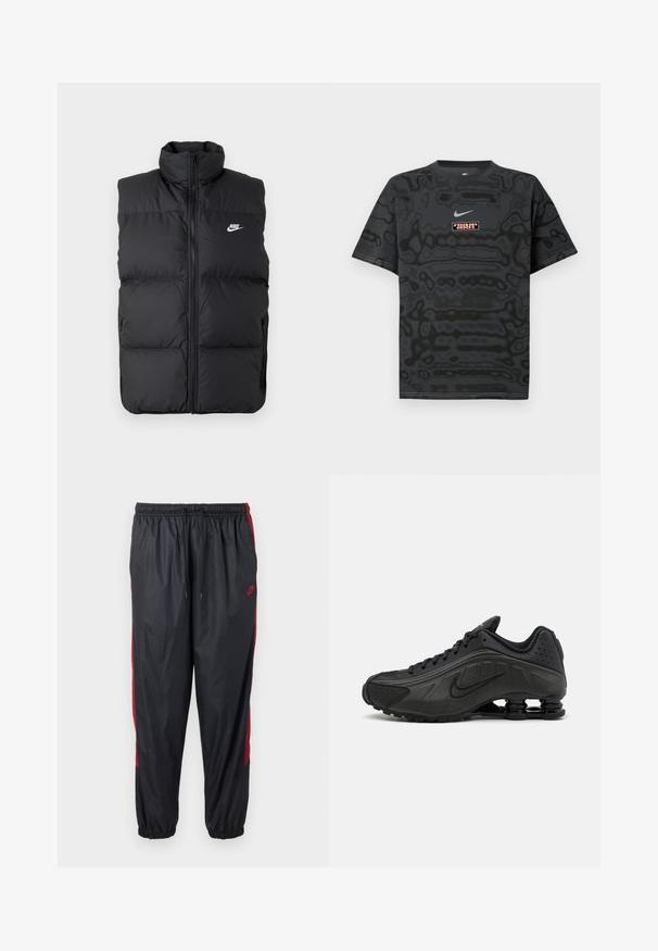 Zwarte gewatteerde mouwloze jas met hoge kraag, rits aan de voorkant, zijzakken en wit Nike-logo op de borst.; Zwart T-shirt met een gestructureerd patroon, met een klein Nike-logo in lichtblauw en een rechthoekige logopatch in contrasterende kleuren.; Zwarte Nike hardloopbroek met rode zijkstrepen, elastische tailleband met trekkoord en elastische boorden.; Zwarte hardloopschoenen met een glad bovenwerk van synthetisch materiaal, geperforeerde accenten, gestructureerde zijpanelen en een opvallende veerkrachtige zool.
