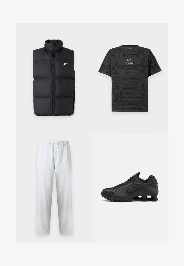 Schwarze gepolsterte ärmellose Jacke mit hohem Kragen, Vorderreißverschluss, Seitentaschen und weißem Nike-Logo auf der Brust.; Schwarzes T-Shirt mit einem strukturierten Muster, versehen mit einem kleinen Nike-Logo in Hellblau und einem rechteckigen Logopatch in kontrastierenden Farben.; Graue Jogginghose aus weichem Stoff, mit elastischem Bund und Kordelzug sowie geraden Beinen. Keine Muster oder Verzierungen sichtbar.; Schwarze Laufschuhe mit einem glatten synthetischen Obermaterial, durchbrochenen Akzenten, strukturierten Seitenpaneelen und einer ausgeprägten federnden Sohle.
