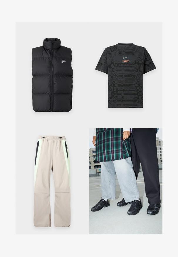 Schwarze gepolsterte ärmellose Jacke mit hohem Kragen, Vorderreißverschluss, Seitentaschen und weißem Nike-Logo auf der Brust.; Schwarzes T-Shirt mit einem strukturierten Muster, versehen mit einem kleinen Nike-Logo in Hellblau und einem rechteckigen Logopatch in kontrastierenden Farben.; Beige Hose mit hellgrünen Seitenteilen, schwarzen Reißverschlusstaschen am Oberschenkel und elastischem Bund mit schwarzen Kordeln.; Schwarze Sportschuhe mit Mesh- und Gummielementen. Kombiniert mit hellgrauen weiten Jeans und einem karierten grünen Oberteil. Flacher Hintergrund.