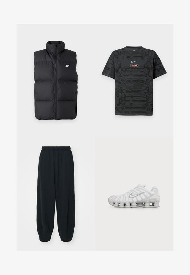 Sort polstret ærmeløs jakke med høj krave, lynlås foran, sidelommer og hvidt Nike-logo på brystet.; Sort T-shirt med et tekstureret mønster, der har en lille Nike-logo i lyseblå og en rektangulær logo-patch i kontrastfarver.; Sorte svedbukser med elastisk talje, løs pasform, afsluttede ankler, glat tekstur og uden synlige mønstre eller hardware-detaljer.; Hvid Nike løbesko med synlig luftstøbt sål og sølv swoosh-logo på siden, vist fra ydersiden.