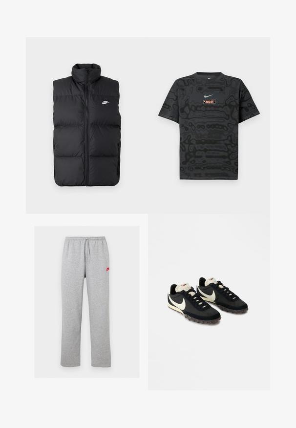 Chaleco sin mangas acolchado negro con cuello alto, cierre frontal, bolsillos laterales y logo de Nike en blanco en el pecho.; Camiseta negra con un patrón texturizado, que presenta un pequeño logotipo de Nike en azul claro y un parche rectangular con el logotipo en colores contrastantes.; Pantalones de chándal gris claro con cintura elástica y cordón, con pequeño logo rojo de Nike en la parte superior del muslo izquierdo.; Zapatillas deportivas negras con una parte superior texturizada, logo de swoosh blanco y suela de goma con pequeñas puas para tracción. Cuello en color crema.