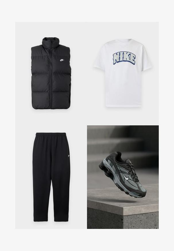 Zwarte gewatteerde mouwloze jas met hoge kraag, rits aan de voorkant, zijzakken en wit Nike-logo op de borst.; Wit T-shirt met korte mouwen met grote gebogen "NIKE" tekst in vetgedrukte, omlijnde letters, gecentreerd op de borst.; Zwarte sweatpants met een elastische tailleband, voorzien van een klein wit logo aan de linkerkant. Gemaakt van een zachte, lichtgewicht stof. Recht pijp model.; Grijze en zwarte sportieve sneaker met meshpanelen en dikke zool, zwevend in de lucht boven een betonnen richel met trappen op de achtergrond.