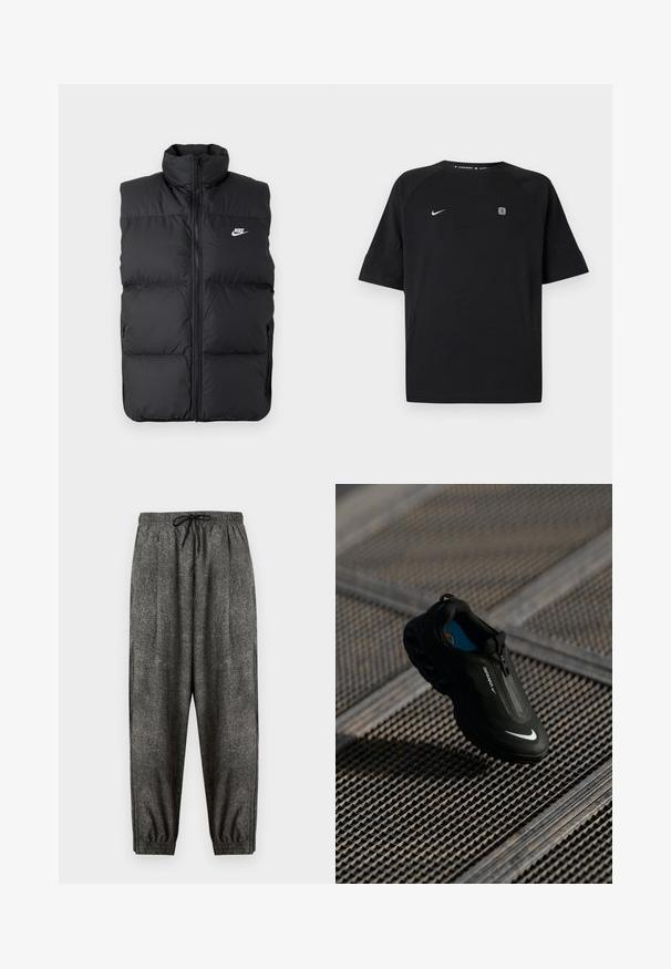 Chaleco sin mangas acolchado negro con cuello alto, cierre frontal, bolsillos laterales y logo de Nike en blanco en el pecho.; Camiseta deportiva negra de manga corta Nike con logo swoosh blanco en el pecho izquierdo y pequeño emblema cuadrado en el pecho derecho, fondo liso.; Pantalones de chándal texturizados de color gris oscuro con cinturilla elástica y cordón negro, puños elásticos y corte holgado.; Zapatilla Nike Air Max negra con un diseño elegante, cierre de cremallera, parte superior texturizada y un logotipo blanco prominente en el lateral, ubicada sobre un fondo de rejilla.