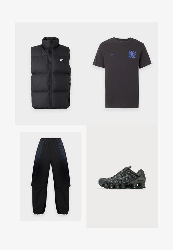 Chaleco sin mangas acolchado negro con cuello alto, cierre frontal, bolsillos laterales y logo de Nike en blanco en el pecho.; Camiseta negra de manga corta con cuello redondo y texto azul "NIKE" en fuente gótica en el pecho, y un texto más pequeño "NIKE AIR INCORPORATED 1972" en el lado izquierdo.; Pantalones cargo en negro y azul oscuro con cintura y puños elásticos, con bolsillos laterales con cremallera y paneles de tela superpuestos en los muslos.; Zapatilla de running negra de Nike con amortiguación segmentada en la suela y patrón moteado blanco en la parte superior de la tela, vista desde el exterior.