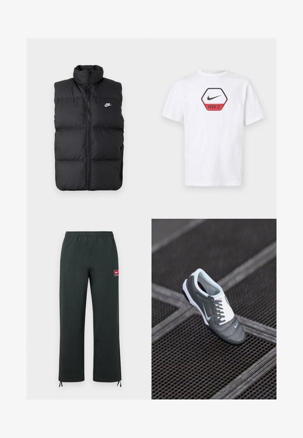 Čierna vypchatá bezrukávová bunda s vysokým golierom, predným zipsom, bočnými vreckami a bielym logom Nike na hrudi.; Biele tričko s krátkym rukávom značky Nike s červeno-čiernym šesťuholníkovým logom s emblémom Nike a názvom značky na prsiach.; Tmavozelené nohavice Nike s elastickým pásom, rovnými nohavicami, malou červeno-bielou nášivkou s logom Nike na stehne a nastaviteľnými sťahovacími šnúrkami na manžetách.; šedá športová obuv s hladkým textúrovaným zvrškom, bielymi akcentmi, výraznými šnúrkami a čiernou gumovou podrážkou, s malým logom na boku.