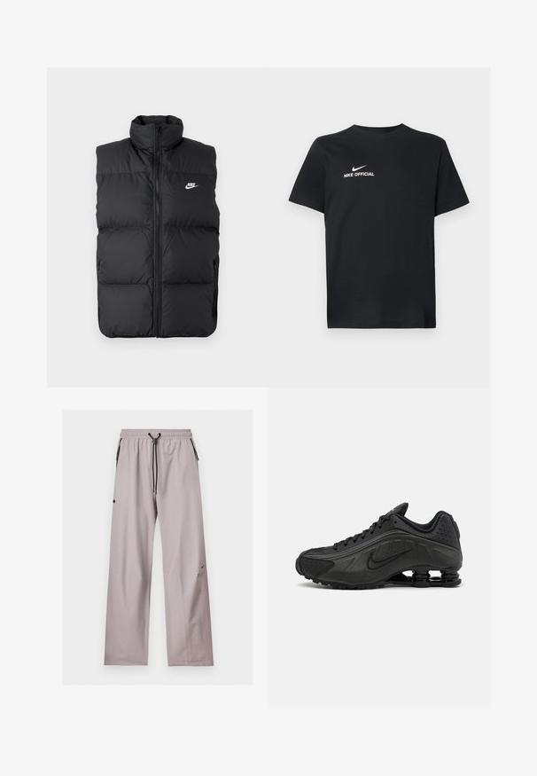 Chaleco sin mangas acolchado negro con cuello alto, cierre frontal, bolsillos laterales y logo de Nike en blanco en el pecho.; Camiseta de algodón negra con escote redondo. Presenta un logo blanco de Nike y el texto "NIKE OFFICIAL" en el frente. Mangas cortas.; Pantalones de color gris claro, de corte holgado, con cintura elástica, cordón negro ajustable y bolsillos laterales con detalles de cremallera negra.; Zapatillas de running negras con un upper sintético liso, detalles perforados, paneles laterales texturizados y una suela distintiva y elástica.