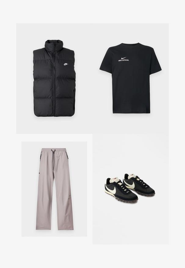 Sort polstret ærmeløs jakke med høj krave, lynlås foran, sidelommer og hvidt Nike-logo på brystet.; Sort bomulds t-shirt med rund halsudskæring. Har et hvidt Nike-logo og teksten "NIKE OFFICIAL" på fronten. Korte ærmer.; Lysegrå løstsiddende bukser med elastisk talje, sort justerbar snor og sidelommer med sorte lynlåse.; Sorte sportssko med en struktureret overdel, hvid swoosh-logo og gummisål med små stik til trækkraft. Elfenbensfarvet krave.