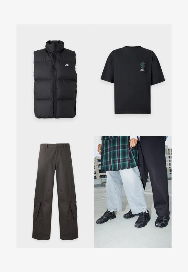 Zwarte gewatteerde mouwloze jas met hoge kraag, rits aan de voorkant, zijzakken en wit Nike-logo op de borst.; Zwart T-shirt met korte mouwen, met een kleine groene abstracte bladgrafiek en witte tekst op de linkerbovenkant.; Donkergrijze cargobroek met wijde pijpen, klepzakken op de dijen, riemlussen, knoopsluiting en een ritssluiting aan de voorkant.; Zwarte sportieve schoenen met mesh- en rubberaccenten. Draagt een lichtgrijze wijde spijkerbroek en een groen geruit shirt. Effen achtergrond.