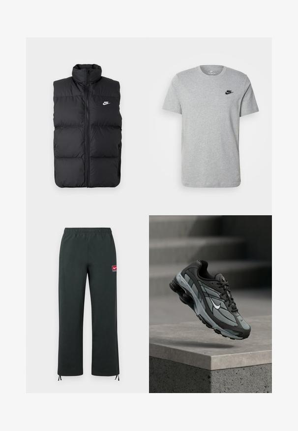 Must mängitud, lamedate käisteta musta padi jakk kõrge kraega, esine lukuga, küljetaskudega ja rinnal valge Nike logo.; Halli lühikeste varrukatega T-särk, mis on valmistatud puuvillast ja millel on rinnal must Nike'i logo ning ümar kaelus. Minimalistlik disain, ilma mustriteta.; Tumedrohelised Nike püksid elastse vöökohaga, sirgete säärtega, väikese punase ja valge Nike logo plaastriga reiel, ning reguleeritavate nööridega mansettides.; Hall ja musta sportlik toss, millel on võrkmaterjalist paneelid ja paks tald, paigutatud õhus betoonist äärekivi ja treppide kohal taustal.