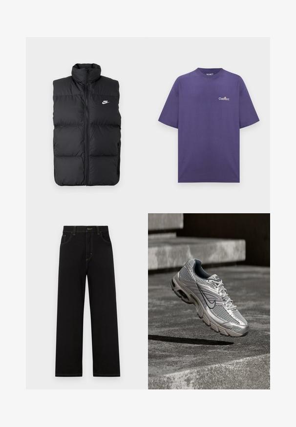 Sort polstret ærmeløs jakke med høj krave, lynlås foran, sidelommer og hvidt Nike-logo på brystet.; Lilla oversized Carhartt T-shirt med korte ærmer og lille hvidt logo på venstre bryst mod en ensfarvet baggrund.; Sorte denimbukser med lige pasform, der har frontlommer, kontrastgule syninger og en knaplukning i taljen.; Sølv- og grå Nike-løbesko svævende i luften over betontrin, der viser detaljer af netmaterialet øverst og den polstrede sål.