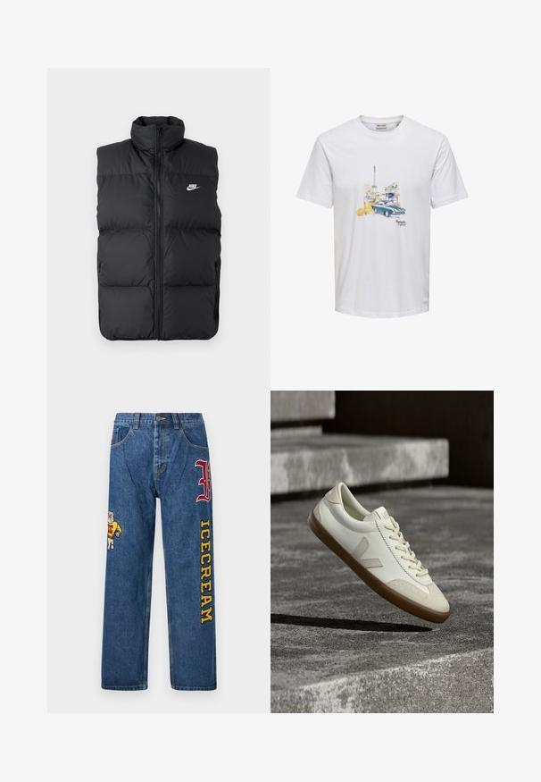 Čierna vypchatá bezrukávová bunda s vysokým golierom, predným zipsom, bočnými vreckami a bielym logom Nike na hrudi.; Biele tričko s potlačou Eiffelovej veže, veteránskeho auta, oranžového nápoja s kvetom a textom „Parisien Lifestyle“ v strede vpredu.; Svetlomodré džínsové nohavice s voľným strihom. Na ľavej nohe je vyšívaný obrázok psa a na pravej nohe žltý nápis "ICECREAM".; Biele kožené tenisky s hnedou gumovou podrážkou, rovnými šnúrkami a V-tvarovaným prvkom na boku. Majú hladký povrch a minimalistické švíky.
