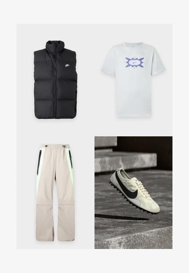 Must mängitud, lamedate käisteta musta padi jakk kõrge kraega, esine lukuga, küljetaskudega ja rinnal valge Nike logo.; Valge puuvillane T-särk lahtise lõikega, mille keskel on lilla graafiline kujundus, ümbritsetud lainelise joonisega. Lühikesed varrukad.; Beežid püksid helesiniste küljetega, mustad rebitavate reide taskutega ja elastse vöökohaga, millel on mustad nöörid.; Valge Nike toss musta Swoosh-logo, paelte ja kummist haardepõhjaga, nähtud õhus betoontreppide kohal.