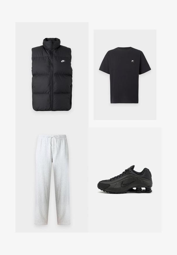 Čierna vypchatá bezrukávová bunda s vysokým golierom, predným zipsom, bočnými vreckami a bielym logom Nike na hrudi.; Čierne tričko Nike Air s krátkym rukávom, okrúhlym výstrihom a malým bielym logom na ľavej strane hrude.; Sivé tepláky vyrobené z mäkkej látky, s elastickým pásom so šnúrkou a rovnými nohavicami. Žiadne vzory ani ozdoby nie sú viditeľné.; Čierne bežecké topánky s hladkým syntetickým zvrškom, perforovanými akcentmi, textúrovanými bočnými panelmi a výraznou pružnou podrážkou.
