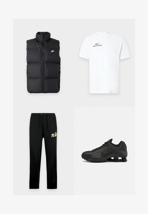 Chaleco sin mangas acolchado negro con cuello alto, cierre frontal, bolsillos laterales y logo de Nike en blanco en el pecho.; Camiseta blanca de algodón con mangas cortas. Presenta un logo negro de "Nike Official" y una marca de verificación (swoosh) negra en el lado izquierdo del pecho.; Pantalones deportivos negros hechos de tela suave, con una cintura elástica con cordones, piernas ajustadas y un logo "nike" bordado en oro.; Zapatillas de running negras con un upper sintético liso, detalles perforados, paneles laterales texturizados y una suela distintiva y elástica.