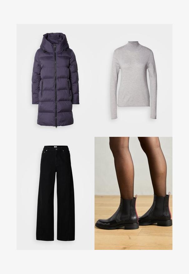 Lilla puffjakke med høj krave, lynlås foran og to sidelommer; har quiltede sektioner og en glat, skinnende tekstur.; Lys grå turtleneck top med lange ærmer, lavet af et blødt strikmateriale. Har et tætsiddende design og ribbet hals. Glat tekstur.; Bredde ben sorte denim jeans med knaplukning, fem lommer og en ren finish. Fremstillet af tekstureret stof for holdbarhed.; Billi Bi Støvletter - black combination/red