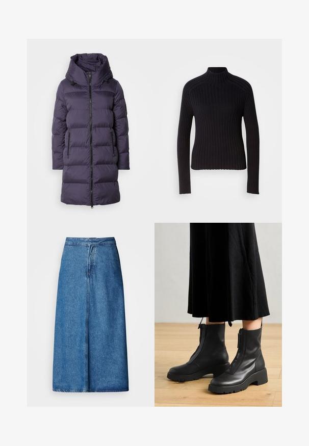 Lilla puffjakke med høj krave, lynlås foran og to sidelommer; har quiltede sektioner og en glat, skinnende tekstur.; Sort rippet turtleneck sweater med lange ærmer, tætsiddende design og struktureret overflade. Fremstillet af et strækbart strikket stof.; Denim midi-nederdel med afslappet pasform, høj talje, frynset kant og ensfarvet blå. Enkel design uden synlige udsmykninger.; Sorte læder ankelstøvler med en kraftig platformsål og en frontlynlås. Glat tekstur med et minimalistisk design.
