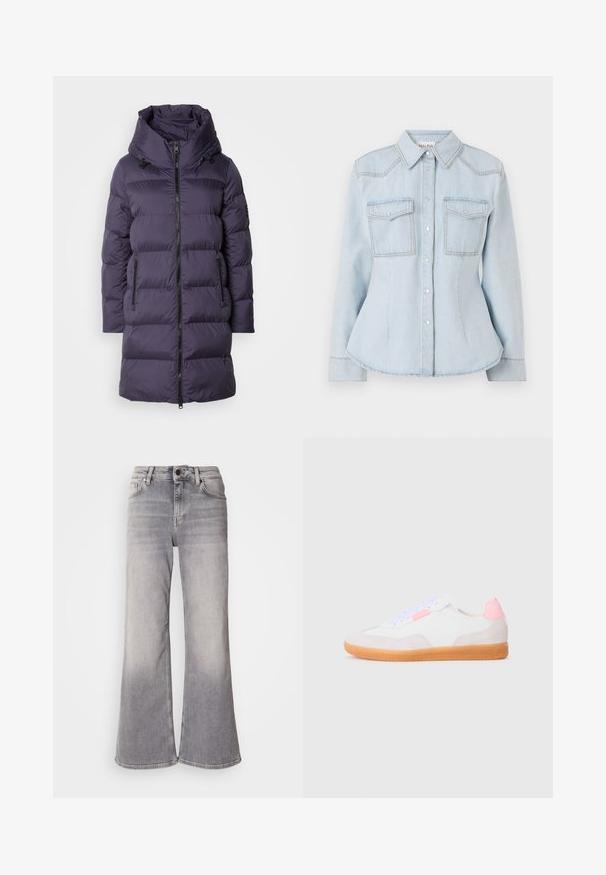 Lilla puffjakke med høj krave, lynlås foran og to sidelommer; har quiltede sektioner og en glat, skinnende tekstur.; Lyseblå denimskjorte med tætsiddende design, spids krave, to brystlommer og kontraststing. Har knaplukning og lange ærmer.; Mos Mosh HERA - Flared jeans - grey; Hvide sneakers med ruskinds- og læderpaneler, der har en lyserød hæltab, lilla snørebånd og en gummisål med en struktureret mønster.