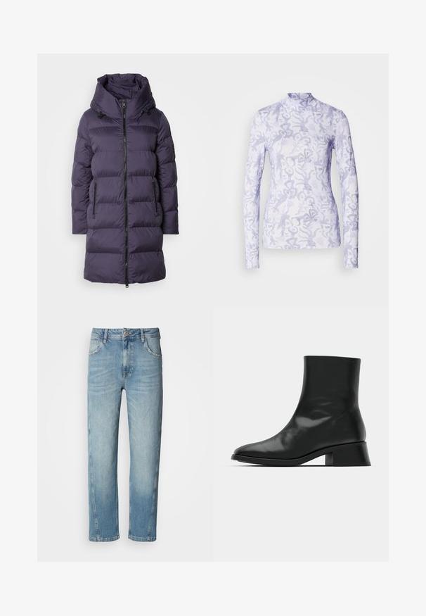 Lilla puffjakke med høj krave, lynlås foran og to sidelommer; har quiltede sektioner og en glat, skinnende tekstur.; Scotch & Soda ALL OVER PRINTED MOCK NECK LONG SLEEVE - Langærmet T-shirt - dancer lavender; Lyseblå denim jeans med lige pasform, fem lommer, bæltestropper og en enkelt knaplukning. Falmet front og glat overflade.; Sort ankelstøvle lavet af blank læder, med et strømlinet design, spids tå og en moderat blokhælhøjde for stabilitet.