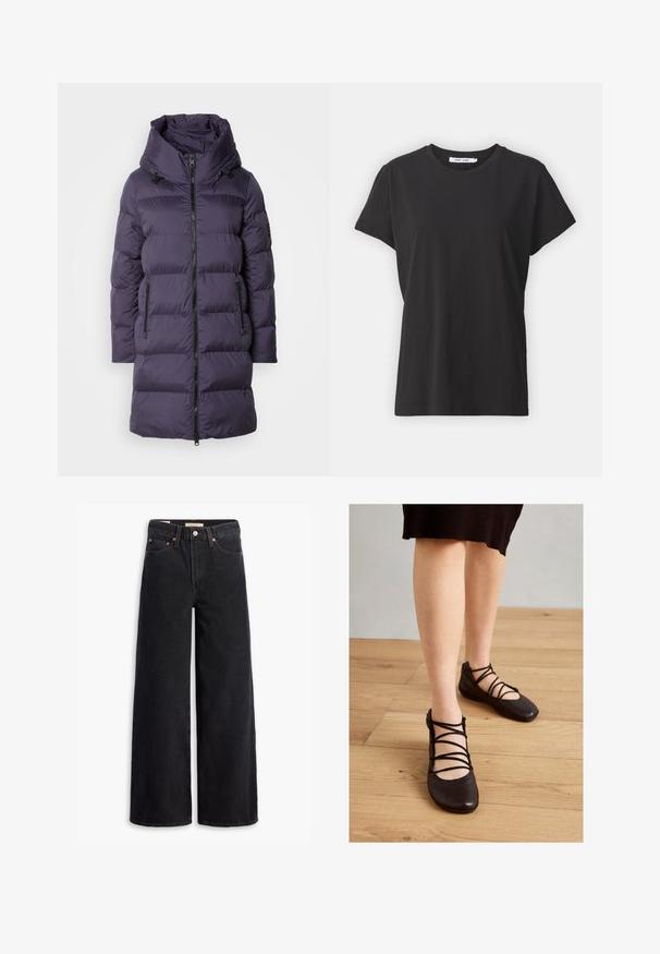Paarse pufferjas met een hoge kraag, rits aan de voorkant en twee zijzakken; voorzien van gequiltte secties en een gladde, glanzende textuur.; Zwarte katoenen t-shirt met een klassieke ronde hals, korte mouwen en een ontspannen pasvorm. Soepele textuur, geen zichtbare patronen of accenten.; Zwarte brede jeans gemaakt van denim, met vijf zakken, koperen klinknagels en een klassieke knoopsluiting. Glad van textuur met een strakke uitstraling.; Zwarte leren ballerina's met kruislings gespannen veters, vierkante neus en een lage profiel. Gladde textuur met een minimalistisch ontwerp, geplaatst op een houten vloer.