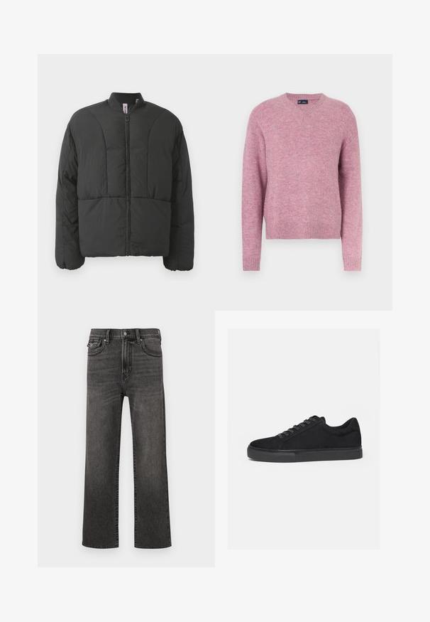Veste matelassée noire avec un col haut, fermeture éclair frontale et deux grandes poches latérales. Elle présente un tissu lisse et léger avec un design matelassé.; Pull en tricot rose avec un col rond, des manches longues et des poignets côtelés. Texture douce et coupe décontractée, adapté pour une tenue casual.; Jean noir délavé à jambes droites, avec poches avant et poches à monnaie, fermeture par bouton et zip, présenté sur un fond blanc.; Baskets basses noires avec fermeture à lacets à l'avant et semelle en caoutchouc plate, vues de profil sur fond blanc.