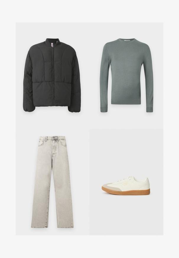 Veste matelassée noire avec un col haut, fermeture éclair frontale et deux grandes poches latérales. Elle présente un tissu lisse et léger avec un design matelassé.; Pull-over long vert clair en tricot doux. Doté d'un col rond et de manches ajustées avec des poignets côtelés. Design uni.; Jean denim gris clair taille haute à jambes droites avec poches avant, passants pour ceinture, fermeture par bouton et zip.; Baskets en cuir blanc avec une coque beige et une semelle en caoutchouc marron clair. Dotées de lacets blancs plats et d'un logo embossé sur le côté.